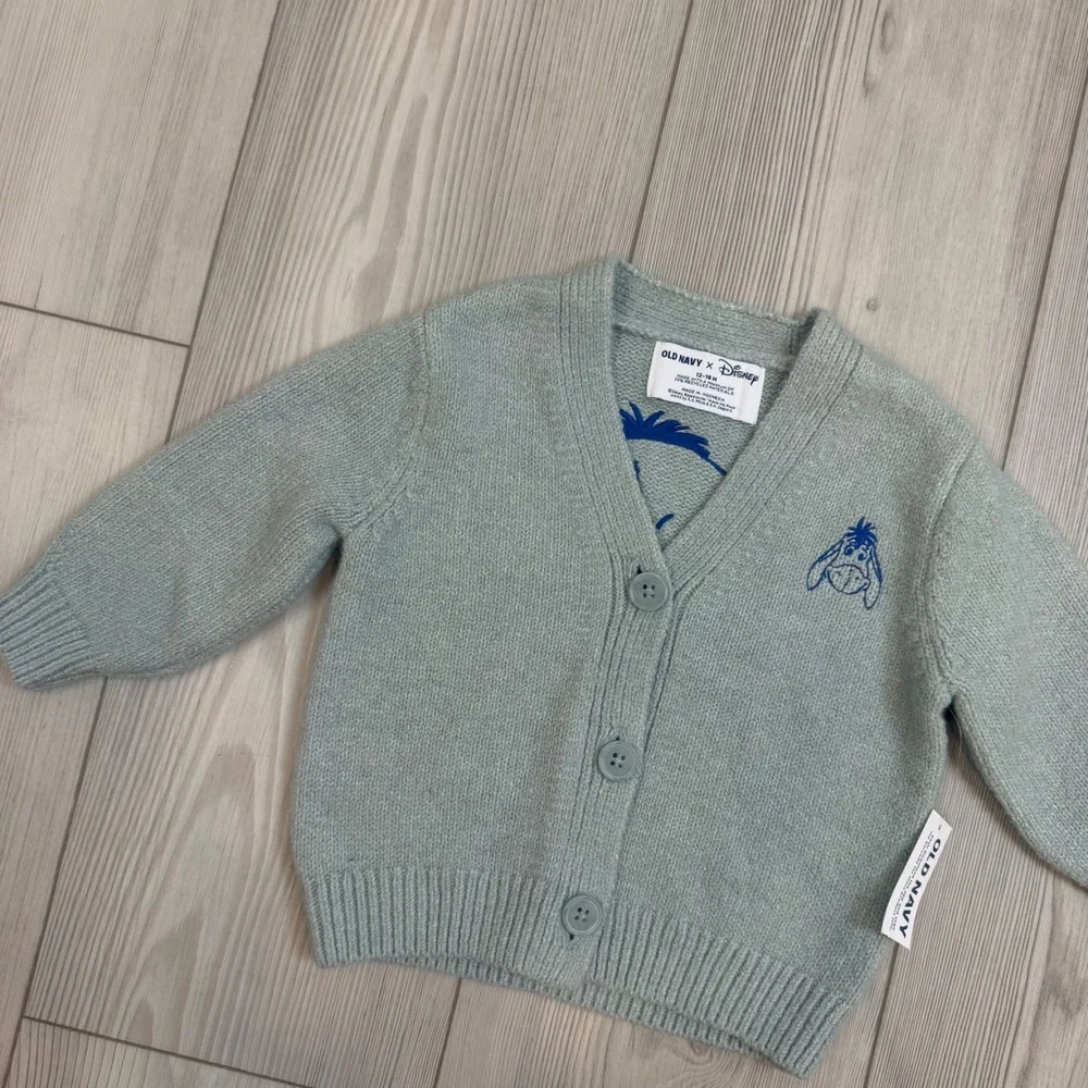 NWT Old Navy X Eeyore Cardigan Embroidered Sweater Sage 12-18M